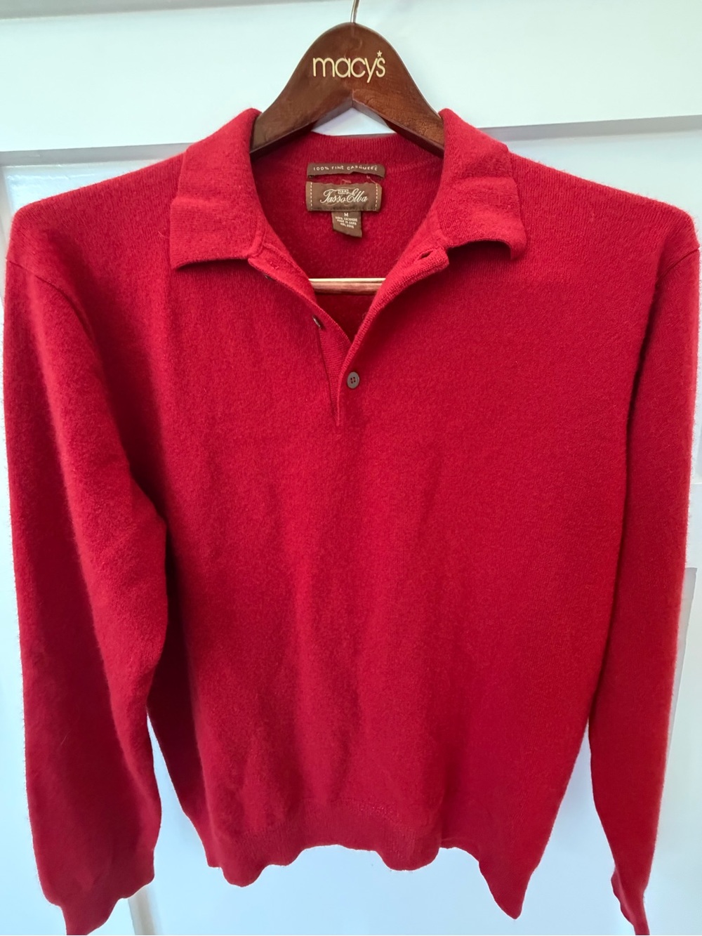 Tasso Elba Bright Red V-Neck Polo Sweater 100% cashmere